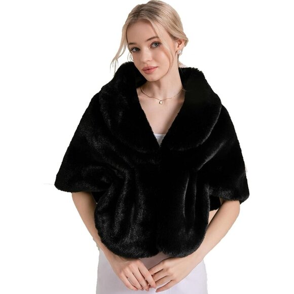 🆕 Fashowlife  New Faux Fur Cloak Shawl Women Black Scarf Warm Wrap Stole Shrug - Picture 2 of 8